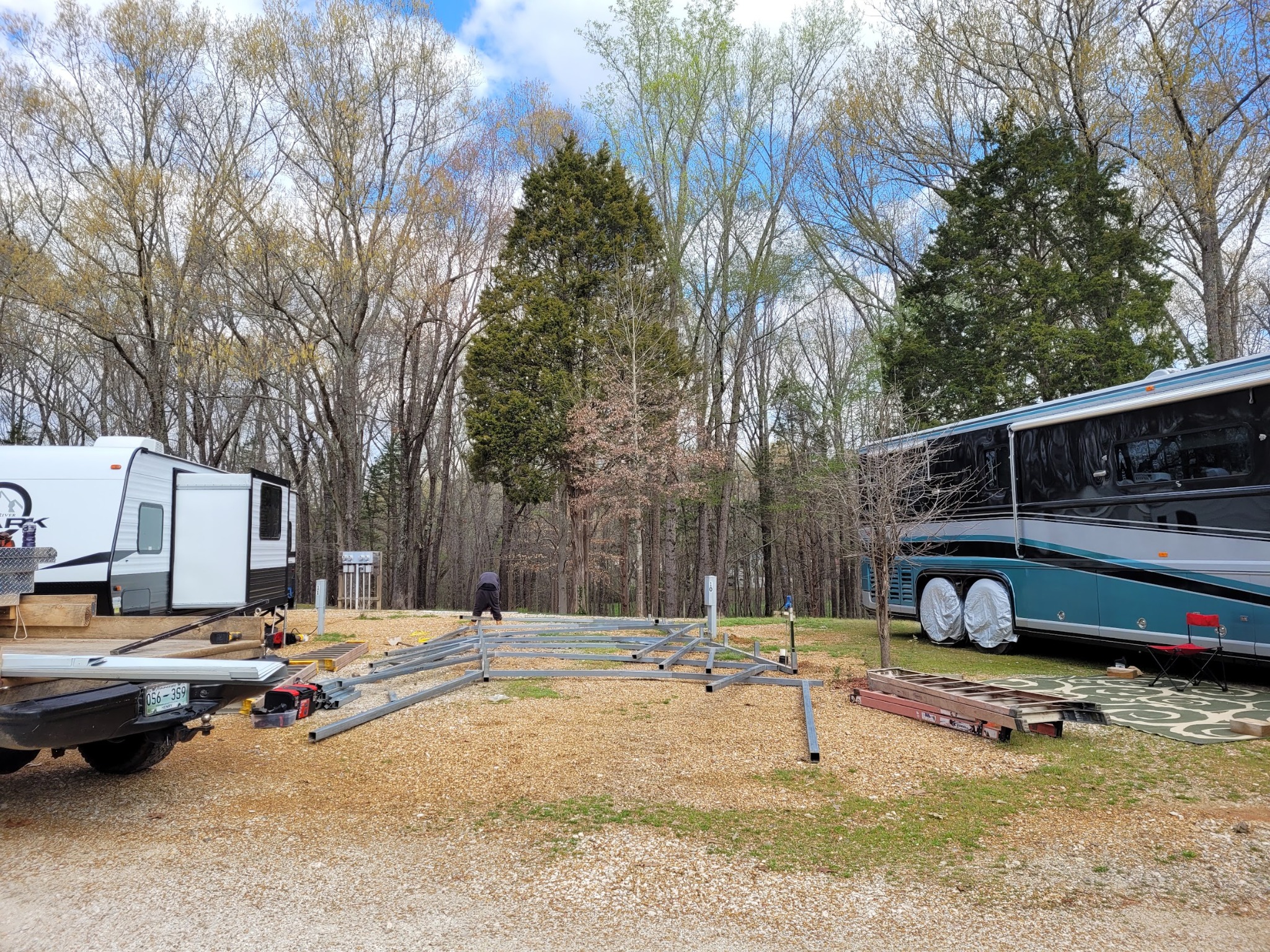 Carport construction site and metal framing laid out