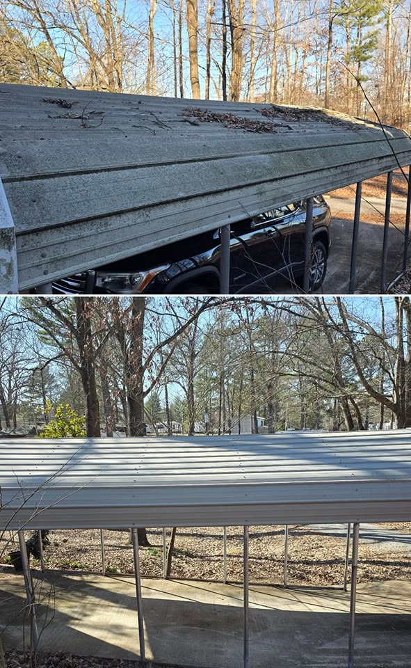 Cleaned metal roof after exterior washing