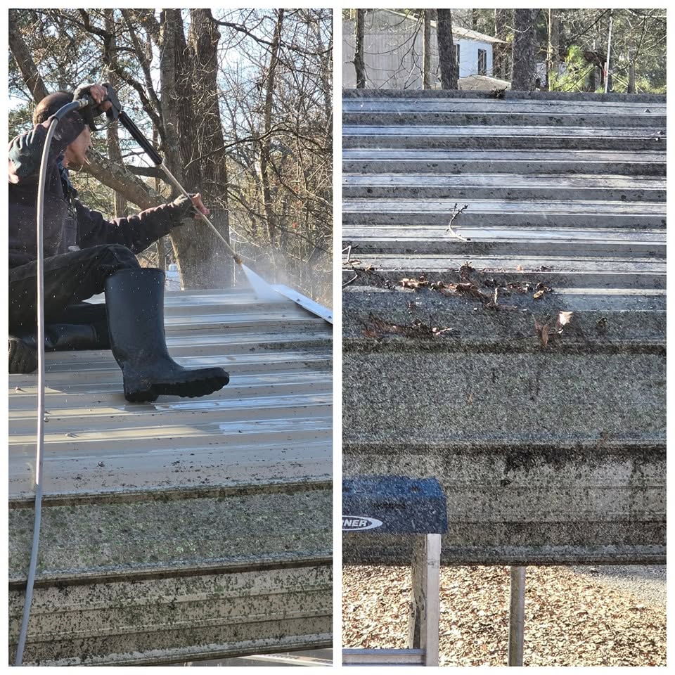 Pressure washing a weathered metal roof