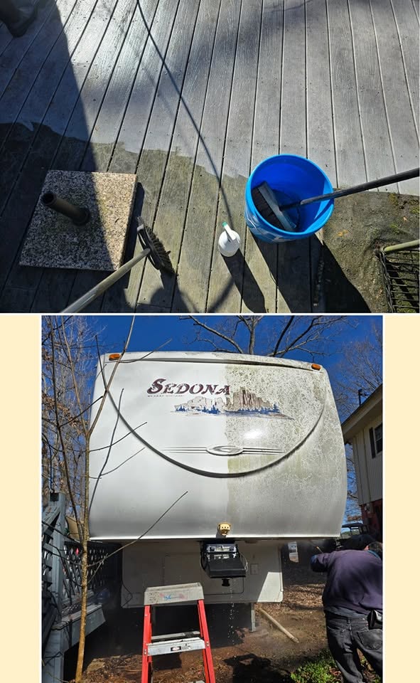 Pressure washing the exterior of a Sedona RV camper