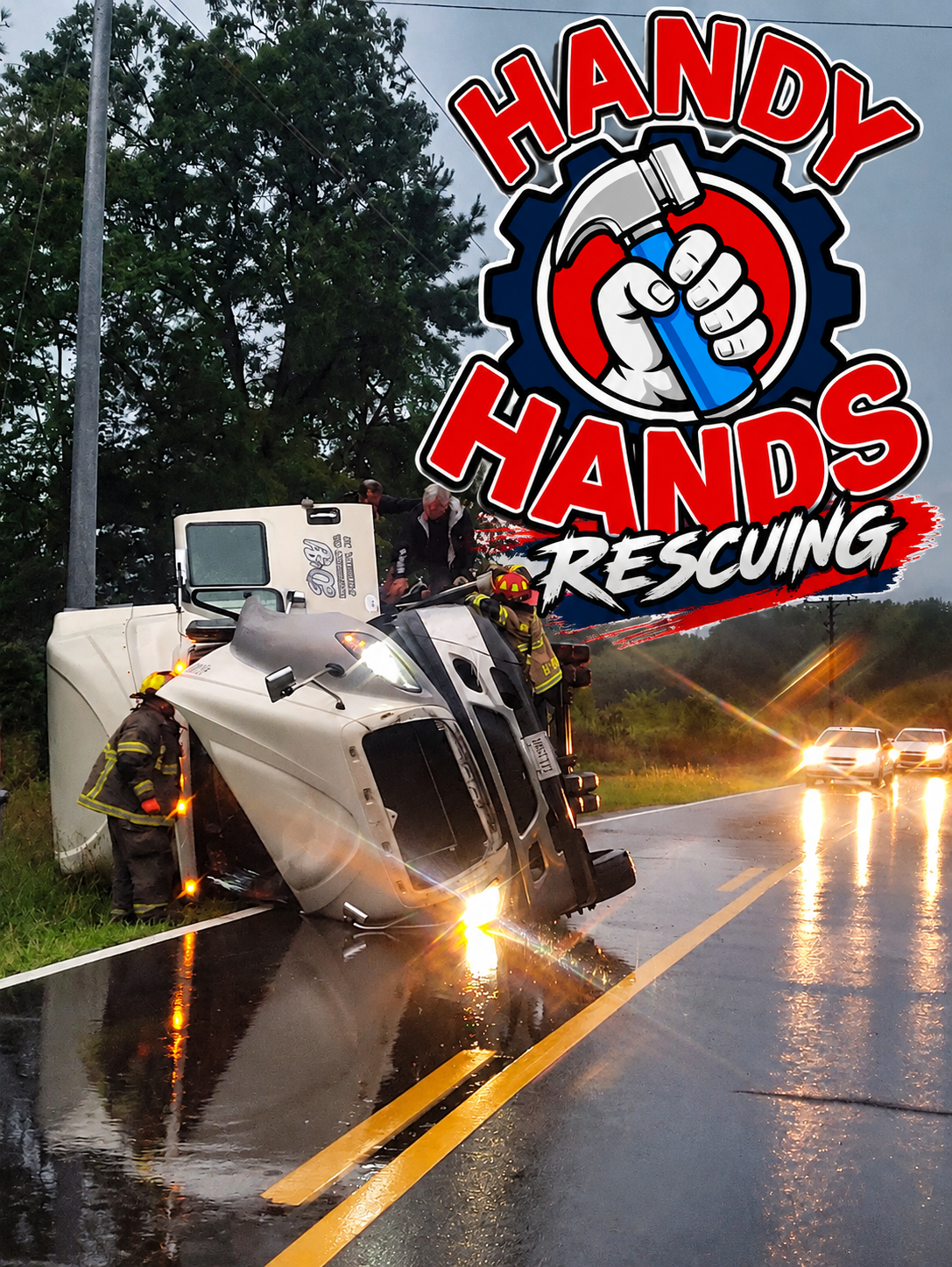 Handy Hands Rescuing Phil helping at an overturned tractor-trailer
